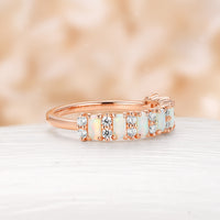 Baguette White Opal Rose Gold Moissanite Wedding Band Art Deco Ring