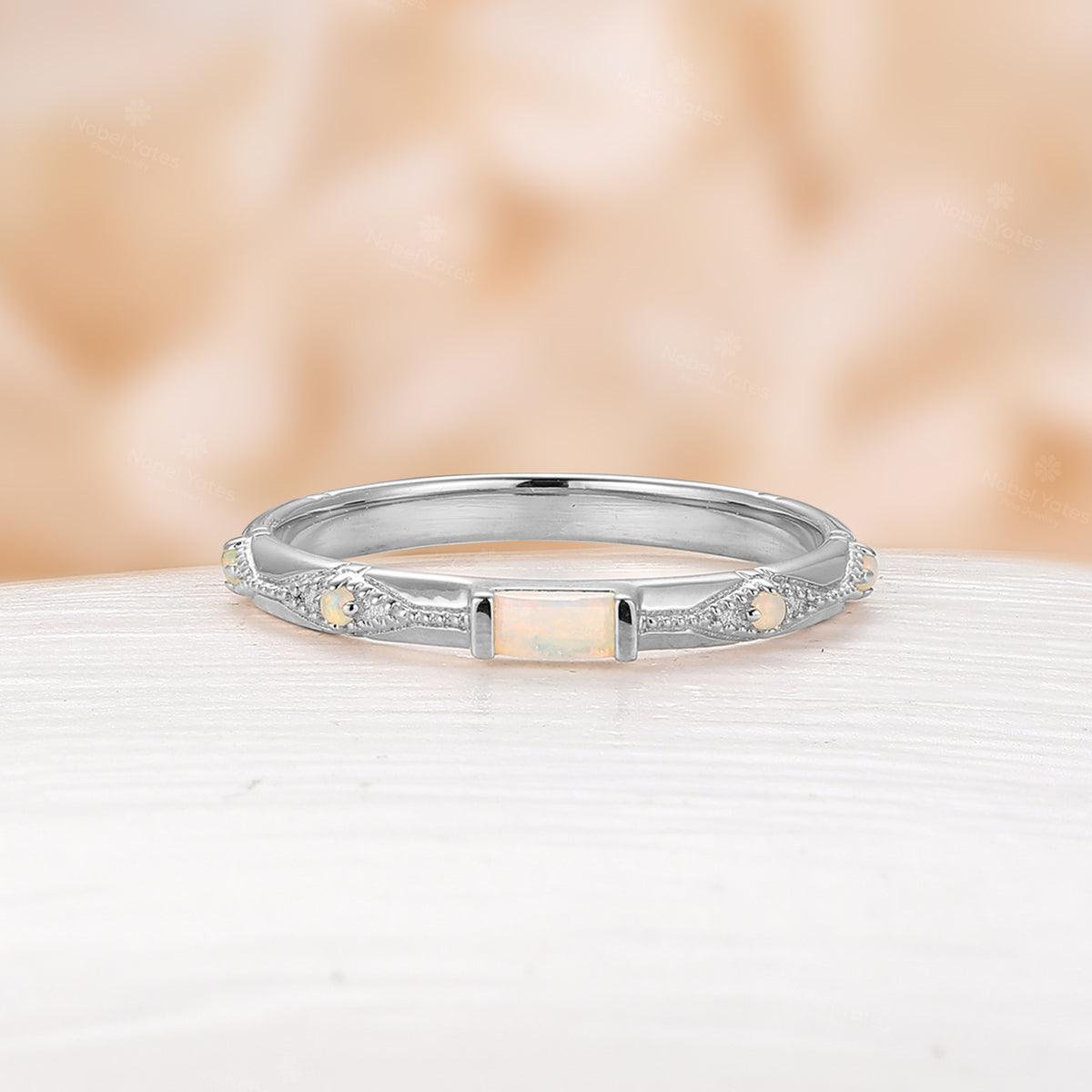 Natural White Opal Vintage Straight Wedding Band Milgrain Stacking Band