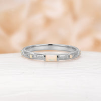 Natural White Opal Vintage Straight Wedding Band Milgrain Stacking Band