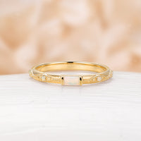 Natural White Opal Vintage Straight Wedding Band Milgrain Stacking Band