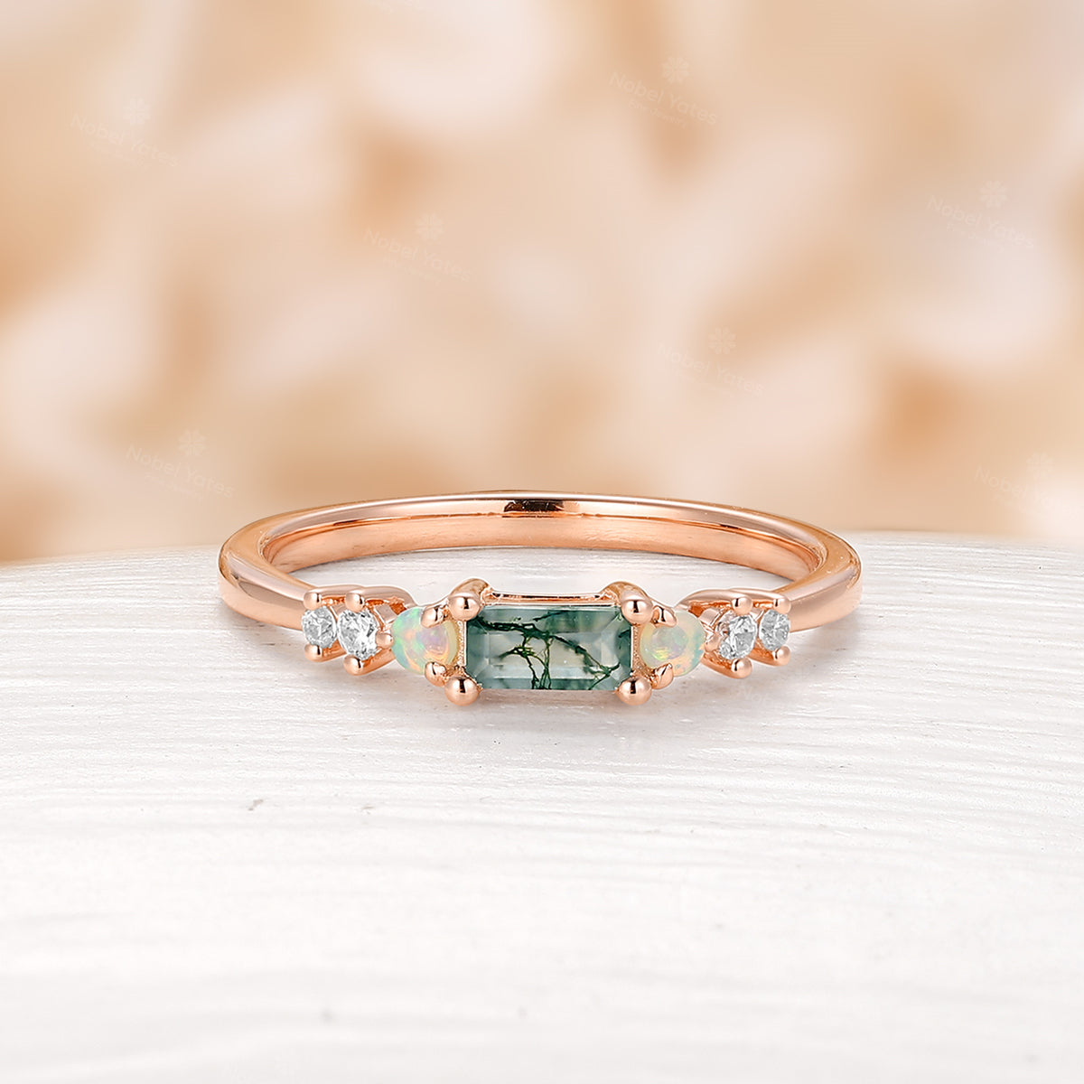 Baguette Cut Moss Agate Engagement Ring Dainty Rose Gold Promise Ring