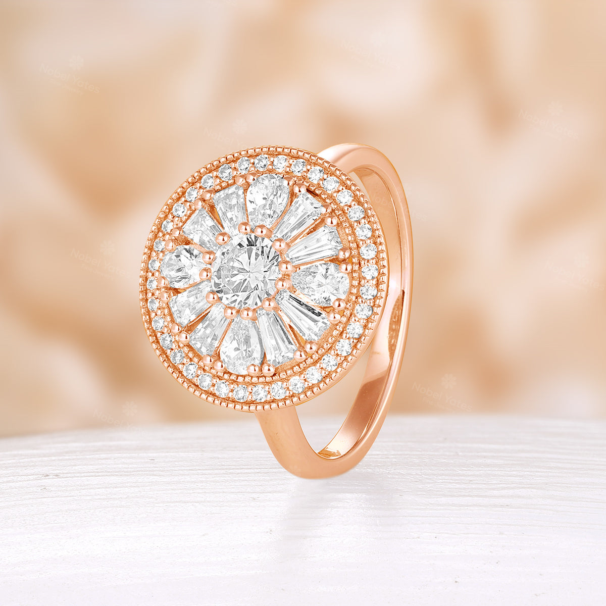 Round Art Deco Lab Diamond Halo Mosaic Ring