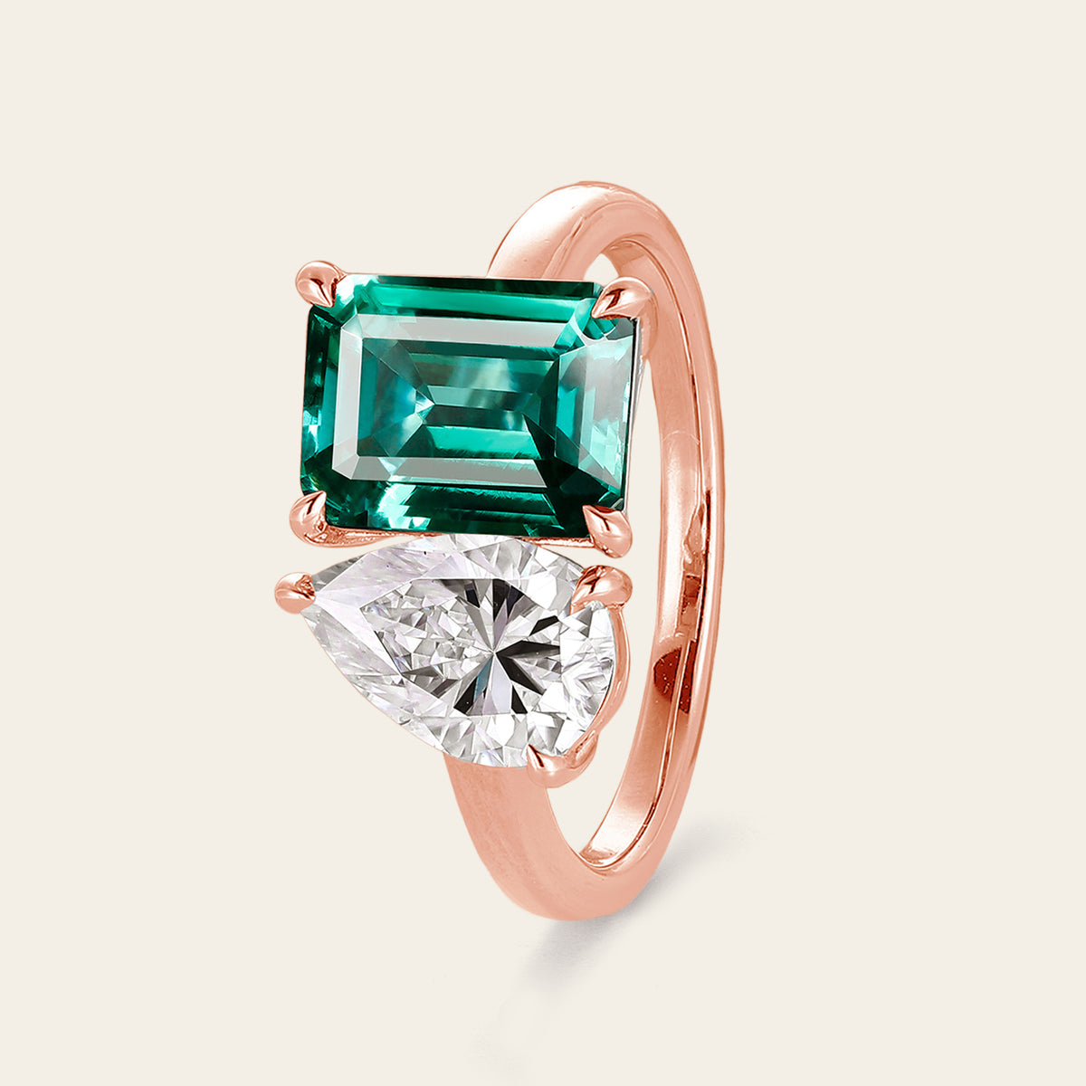 Toi et Moi Engagement ring Double Stone Emerald & Moissanite Promise Rose Gold