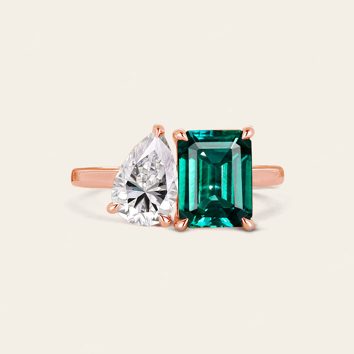 Toi et Moi Engagement ring Double Stone Emerald & Moissanite Promise Rose Gold