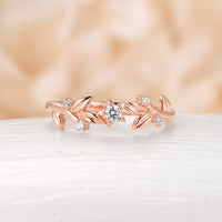 Nature Inspired Unique Leaf Moissanite Wedding Band Five Stars Rose Gold