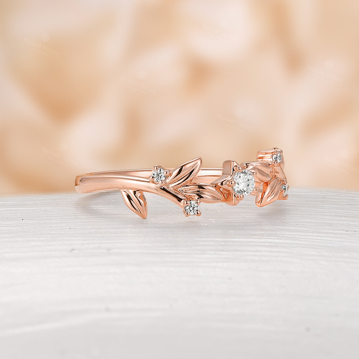 Nature Inspired Unique Leaf Moissanite Wedding Band Five Stars Rose Gold