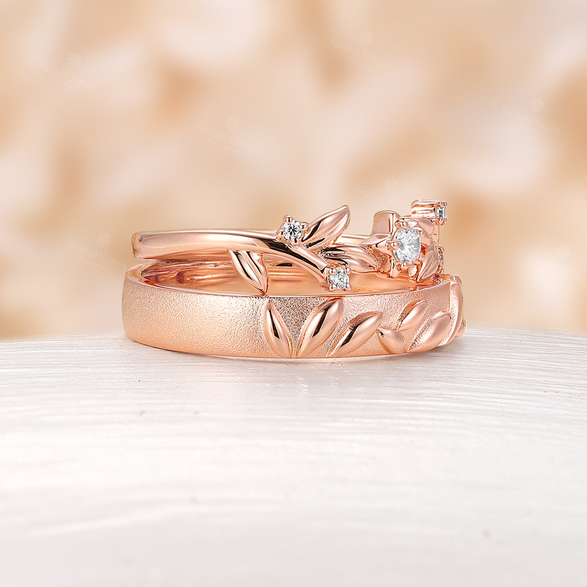 Unique Leaf Design Couple Ring Nature Inspired Moissanite Wedding Bands