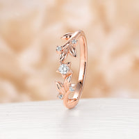 Nature Inspired Unique Leaf Moissanite Wedding Band Five Stars Rose Gold