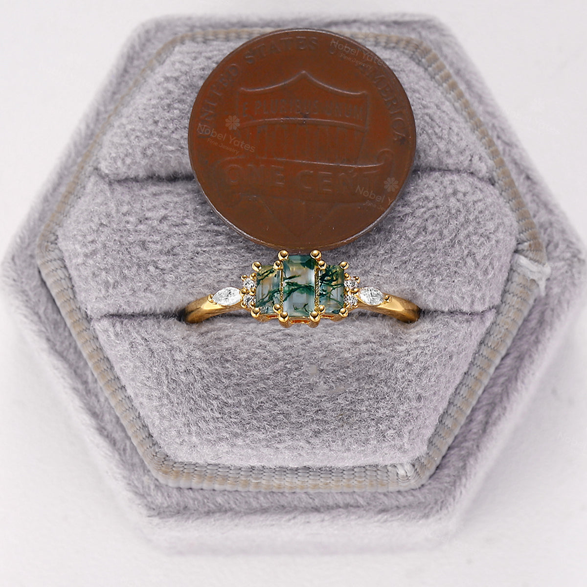 Baguette Moss Agate Cluster Engagement Ring Art Deco Yellow Gold Band