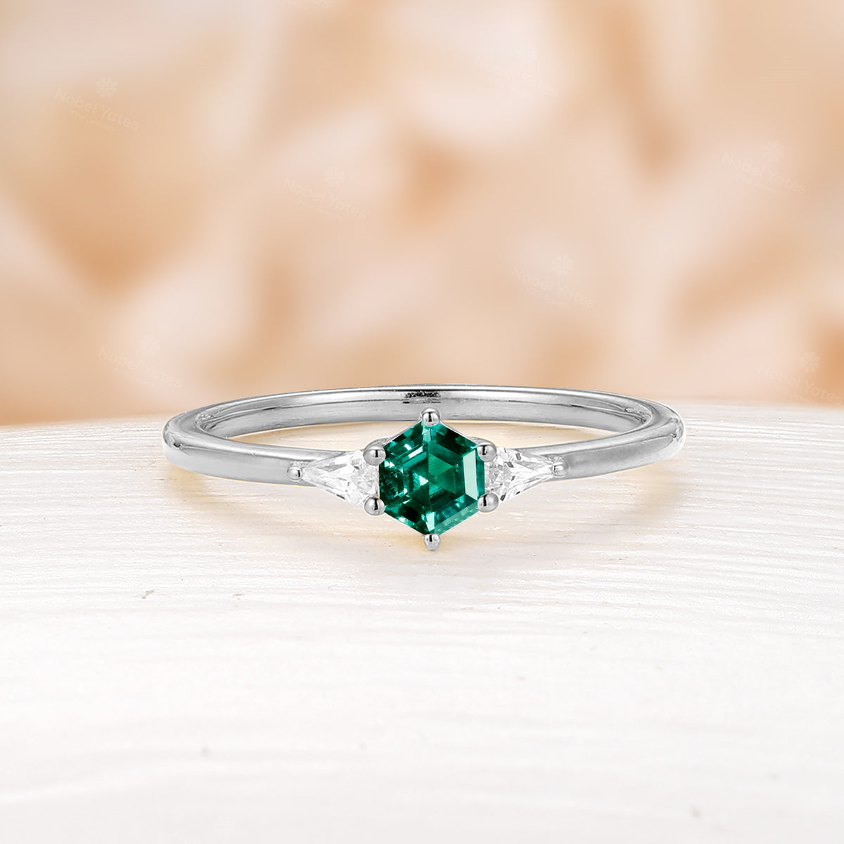 Lab Emerald & CZ Engagement Ring Hexagon Shape Yellow Gold Promise Ring