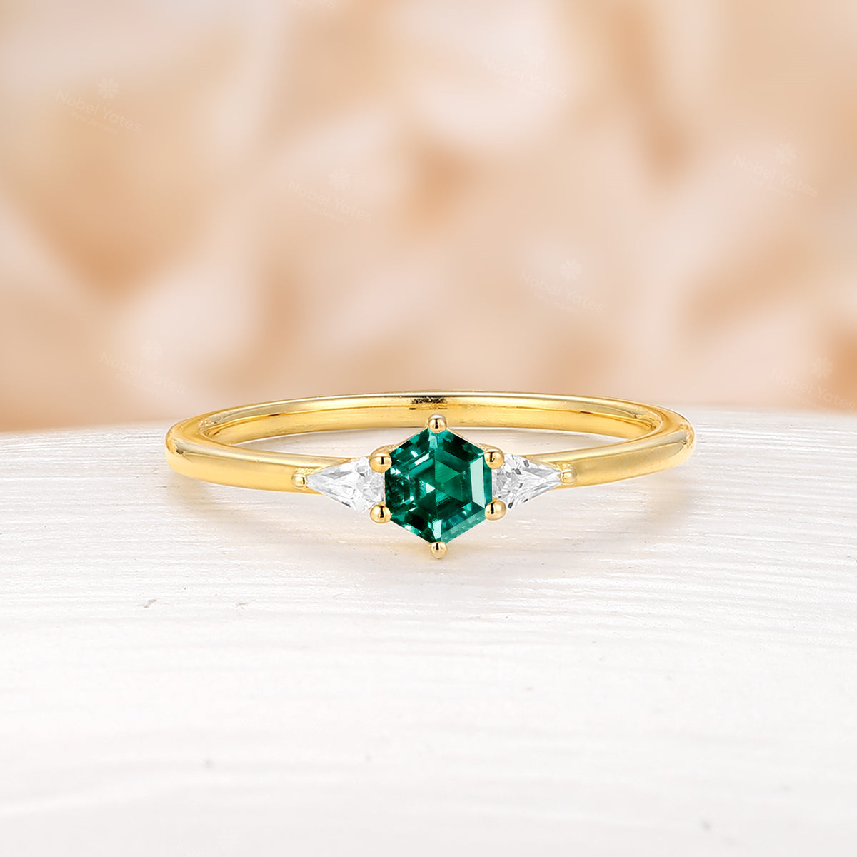 Lab Emerald & CZ Engagement Ring Hexagon Shape Yellow Gold Promise Ring