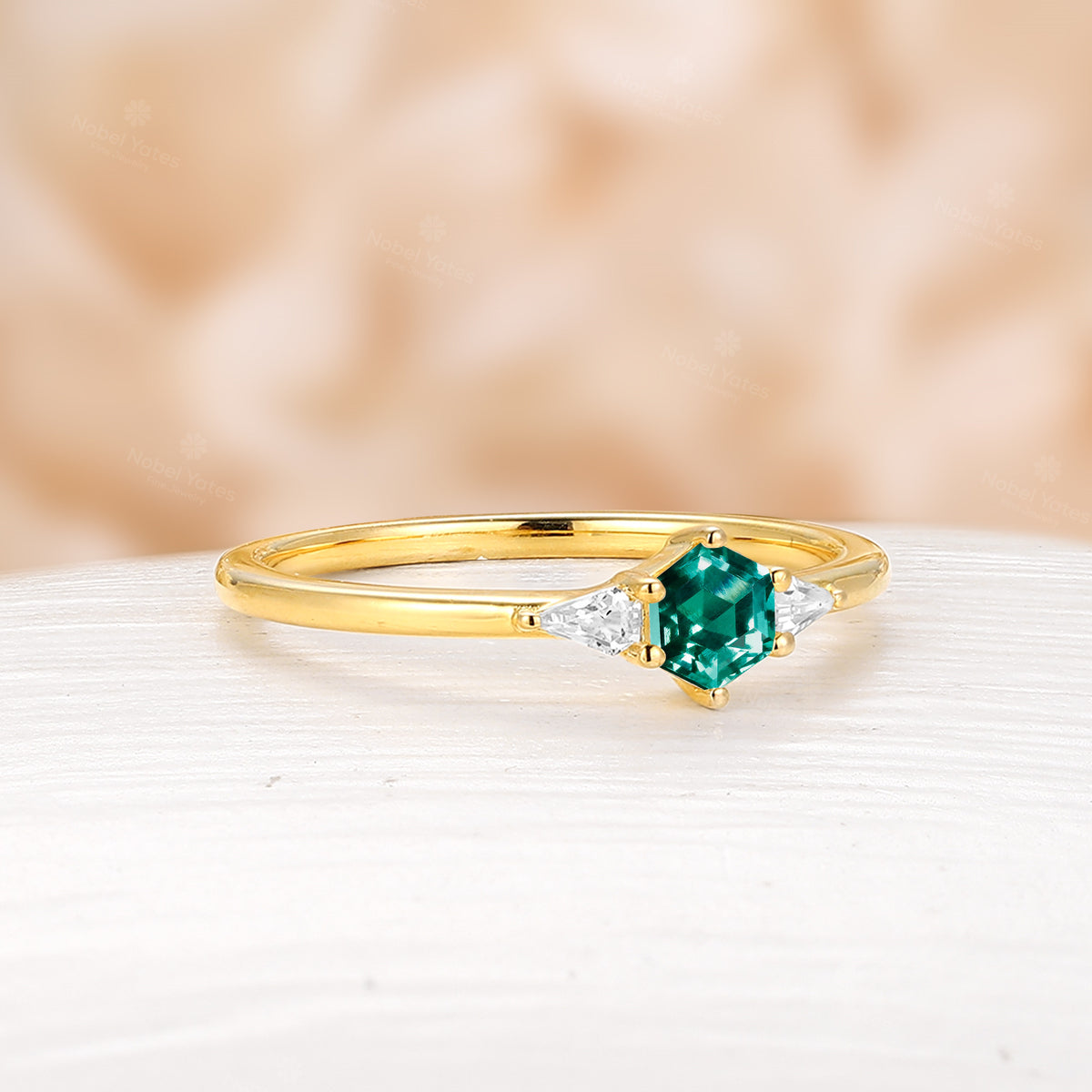 Lab Emerald & CZ Engagement Ring Hexagon Shape Yellow Gold Promise Ring