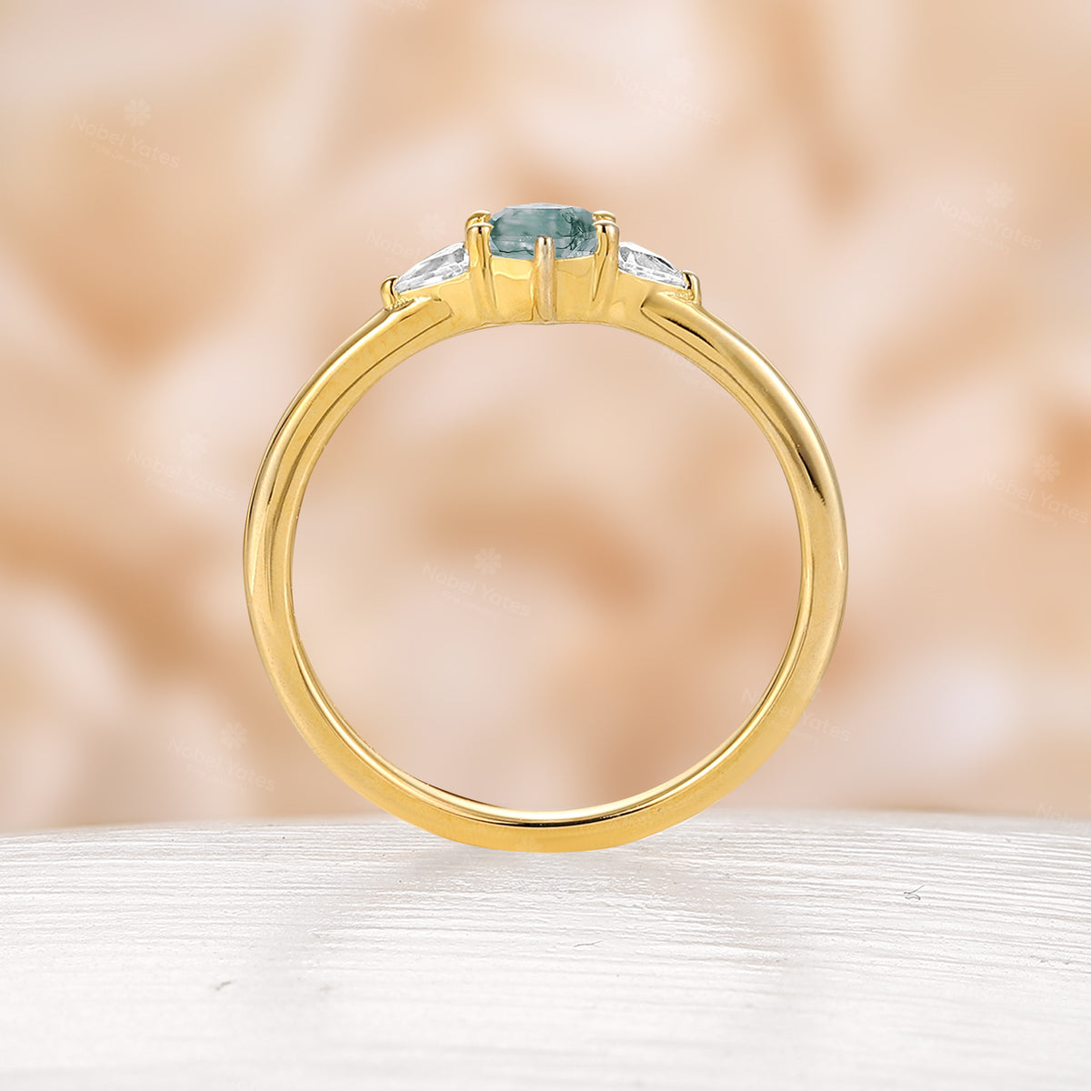 Yellow Gold Moss Agate Hexagon Shape Engagement Ring Classic Three Stones Ring