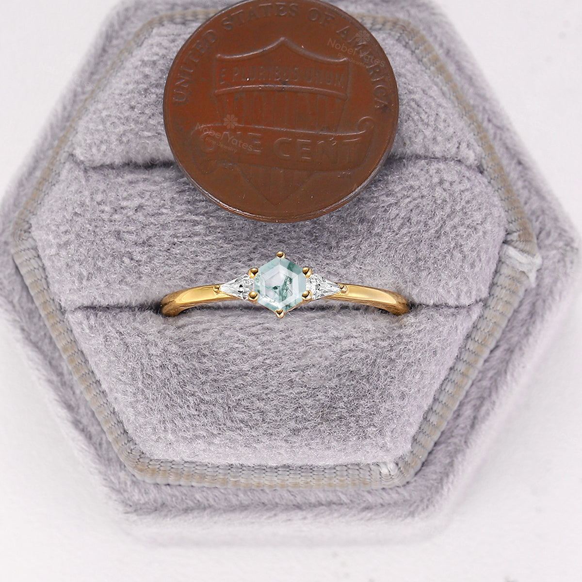 Yellow Gold Moss Agate Hexagon Shape Engagement Ring Classic Three Stones Ring