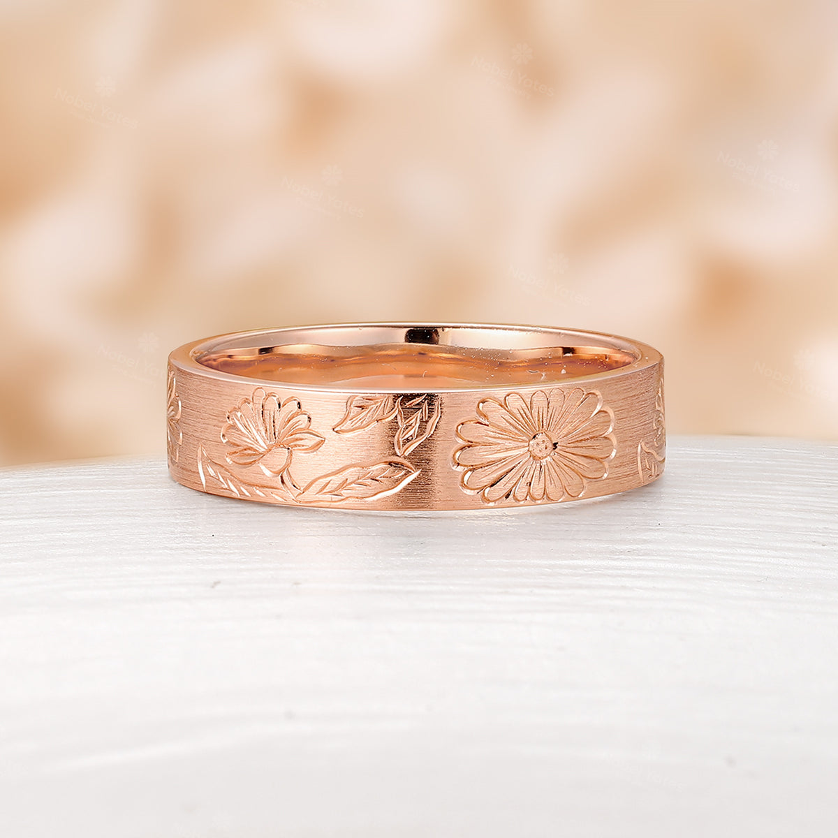 Nature-Inspired Leaf & Flower Engraved Couple's Ring Plain Rose Gold Band