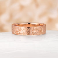 Nature-Inspired Leaf & Flower Engraved Couple's Ring Plain Rose Gold Band