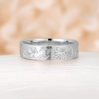 Nature-Inspired Leaf & Flower Engraved Couple's Ring Plain Rose Gold Band