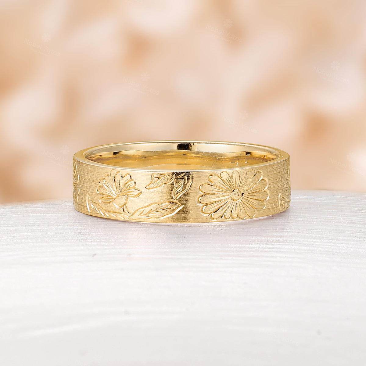 Nature-Inspired Leaf & Flower Engraved Couple's Ring Plain Rose Gold Band