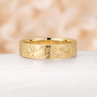 Nature-Inspired Leaf & Flower Engraved Couple's Ring Plain Rose Gold Band