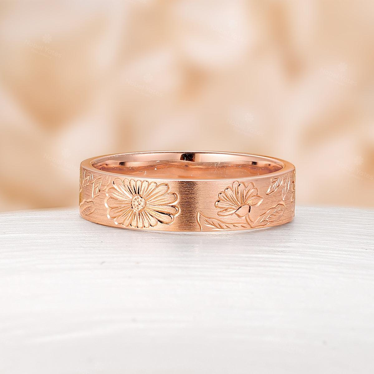 Nature-Inspired Leaf & Flower Engraved Couple's Ring Plain Rose Gold Band