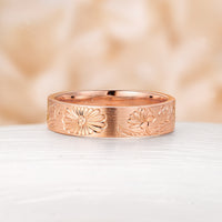 Nature-Inspired Leaf & Flower Engraved Couple's Ring Plain Rose Gold Band