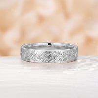 Nature-Inspired Leaf & Flower Engraved Couple's Ring Plain Rose Gold Band