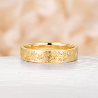 Nature-Inspired Leaf & Flower Engraved Couple's Ring Plain Rose Gold Band