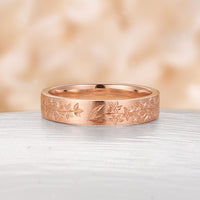 Nature-Inspired Leaf & Flower Engraved Couple's Ring Plain Rose Gold Band