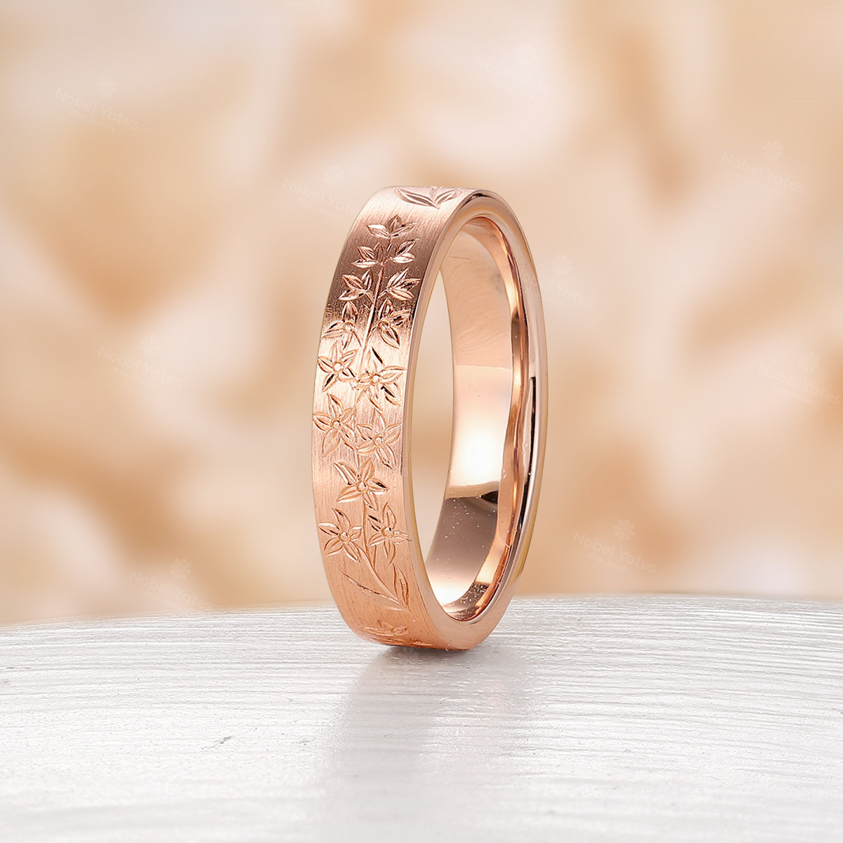 Nature-Inspired Leaf & Flower Engraved Couple's Ring Plain Rose Gold Band