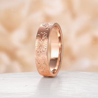 Nature-Inspired Leaf & Flower Engraved Couple's Ring Plain Rose Gold Band