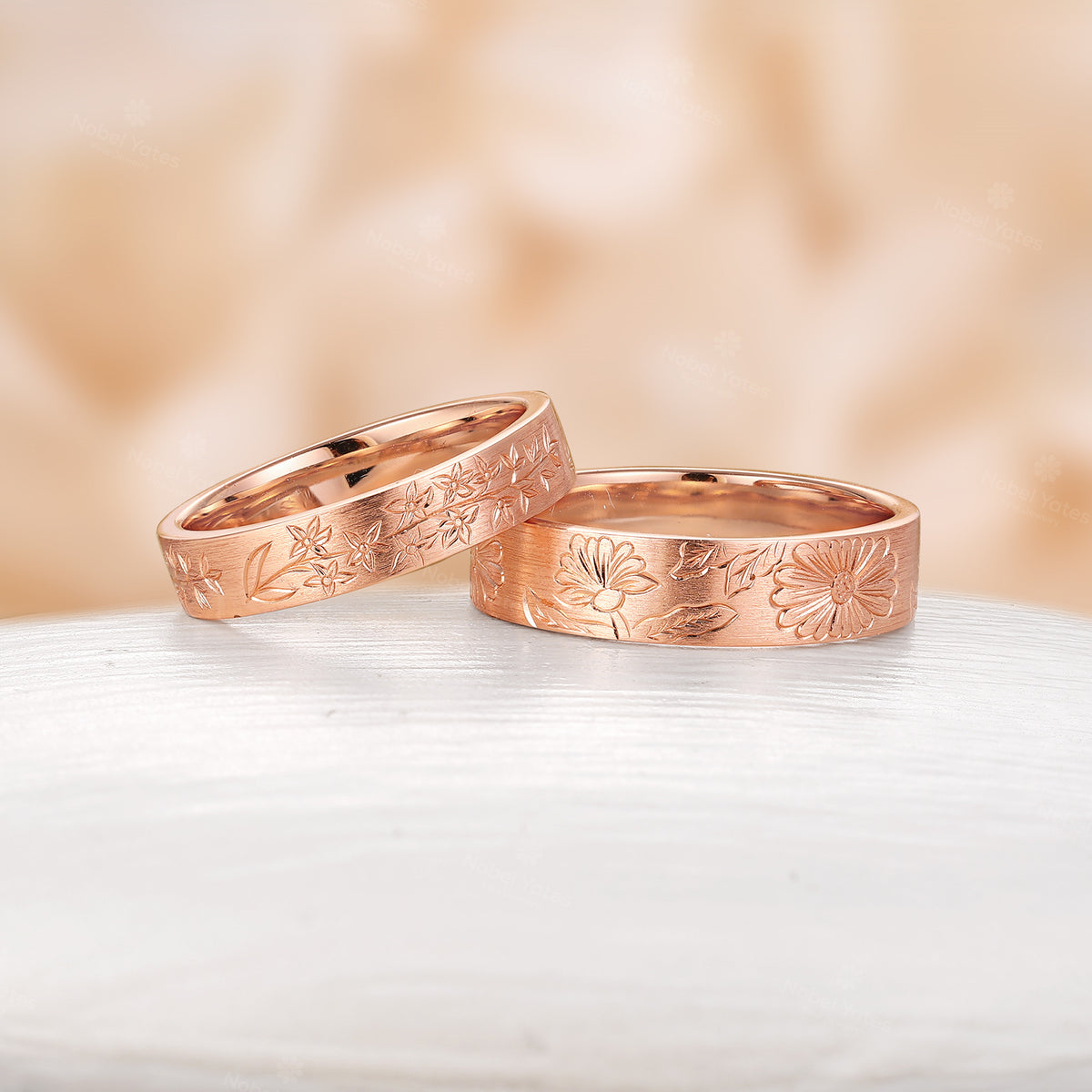 Nature-Inspired Leaf & Flower Engraved Couple's Ring Plain Rose Gold Band