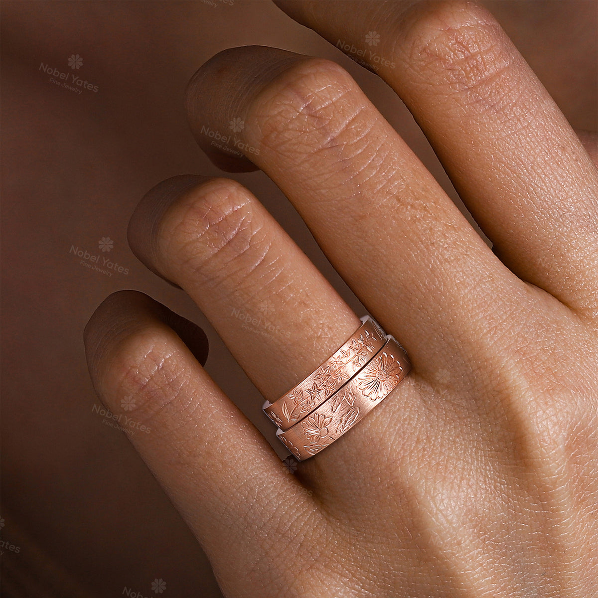 Nature-Inspired Leaf & Flower Engraved Couple's Ring Plain Rose Gold Band