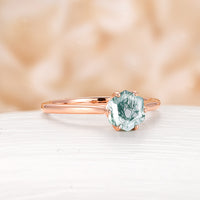 Hexagon Shape Moss Agate Solitaire Engagement Ring Yellow Gold Plain Band