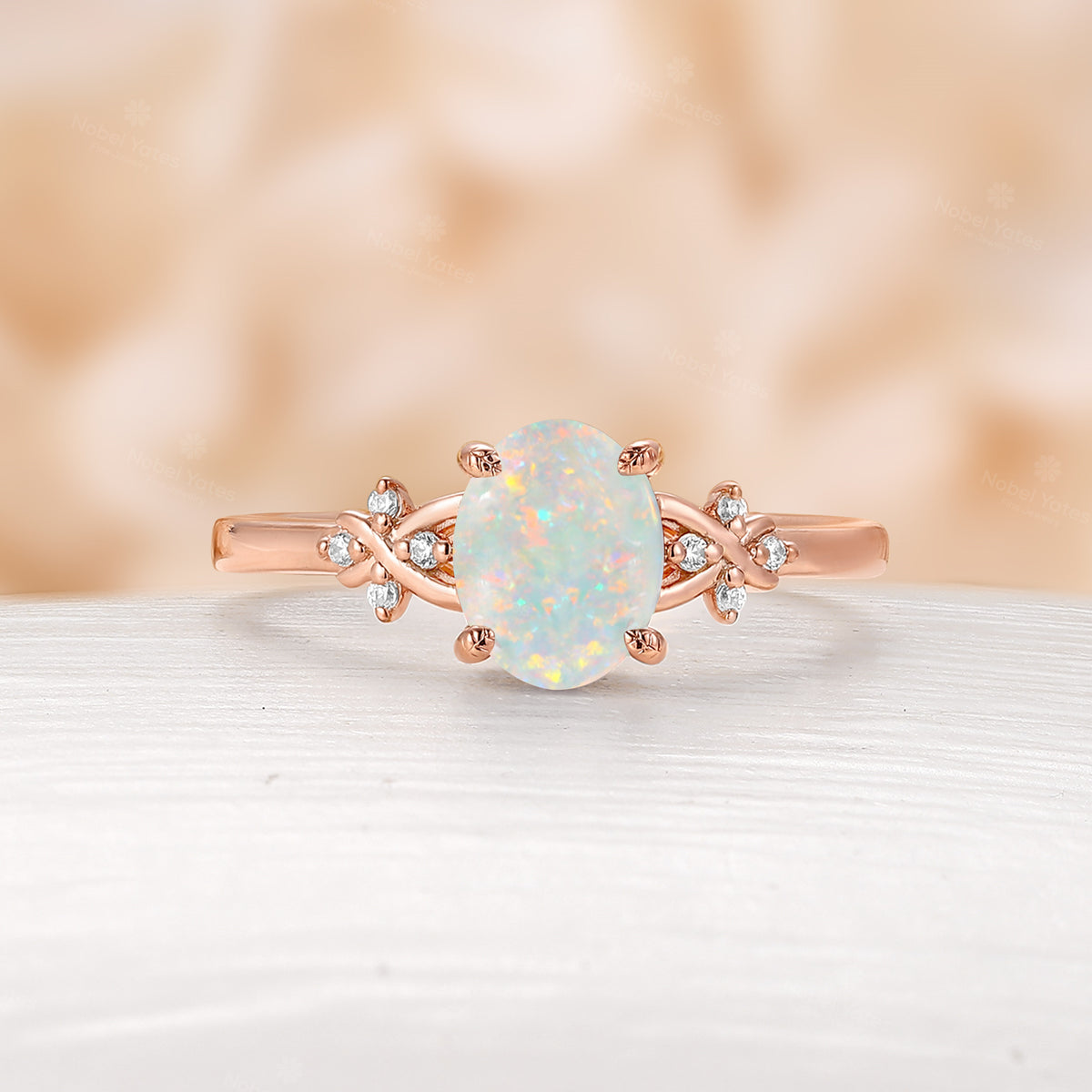 Natural White Opal Oval Shape Engagement Ring Yellow Gold Cluster Side Stone