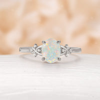 Natural White Opal Oval Shape Engagement Ring Yellow Gold Cluster Side Stone