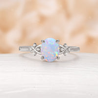 Natural White Opal Oval Shape Engagement Ring Yellow Gold Cluster Side Stone