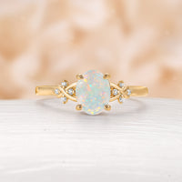 Natural White Opal Oval Shape Engagement Ring Yellow Gold Cluster Side Stone