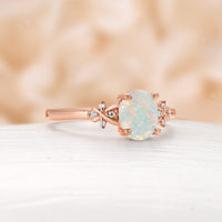 Natural White Opal Oval Shape Engagement Ring Yellow Gold Cluster Side Stone