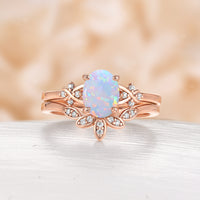 Oval White Opal Unique Moissanite Side Stones Bridal Set Curved Matching Band