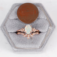 Oval White Opal Unique Moissanite Side Stones Bridal Set Curved Matching Band