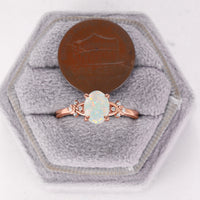 Natural White Opal Oval Shape Engagement Ring Yellow Gold Cluster Side Stone