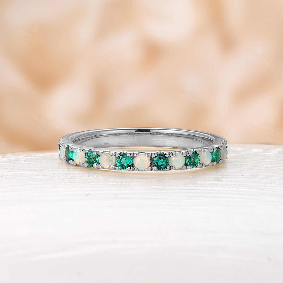 Lab Emerald & White Opal Pave Rose Gold Wedding Band Matching Band