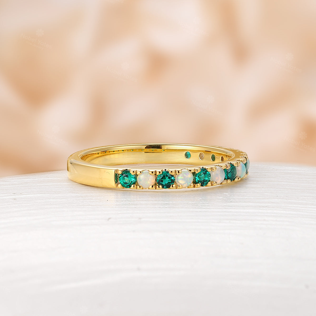 Lab Emerald & White Opal Pave Rose Gold Wedding Band Matching Band