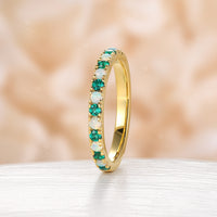 Lab Emerald & White Opal Pave Rose Gold Wedding Band Matching Band