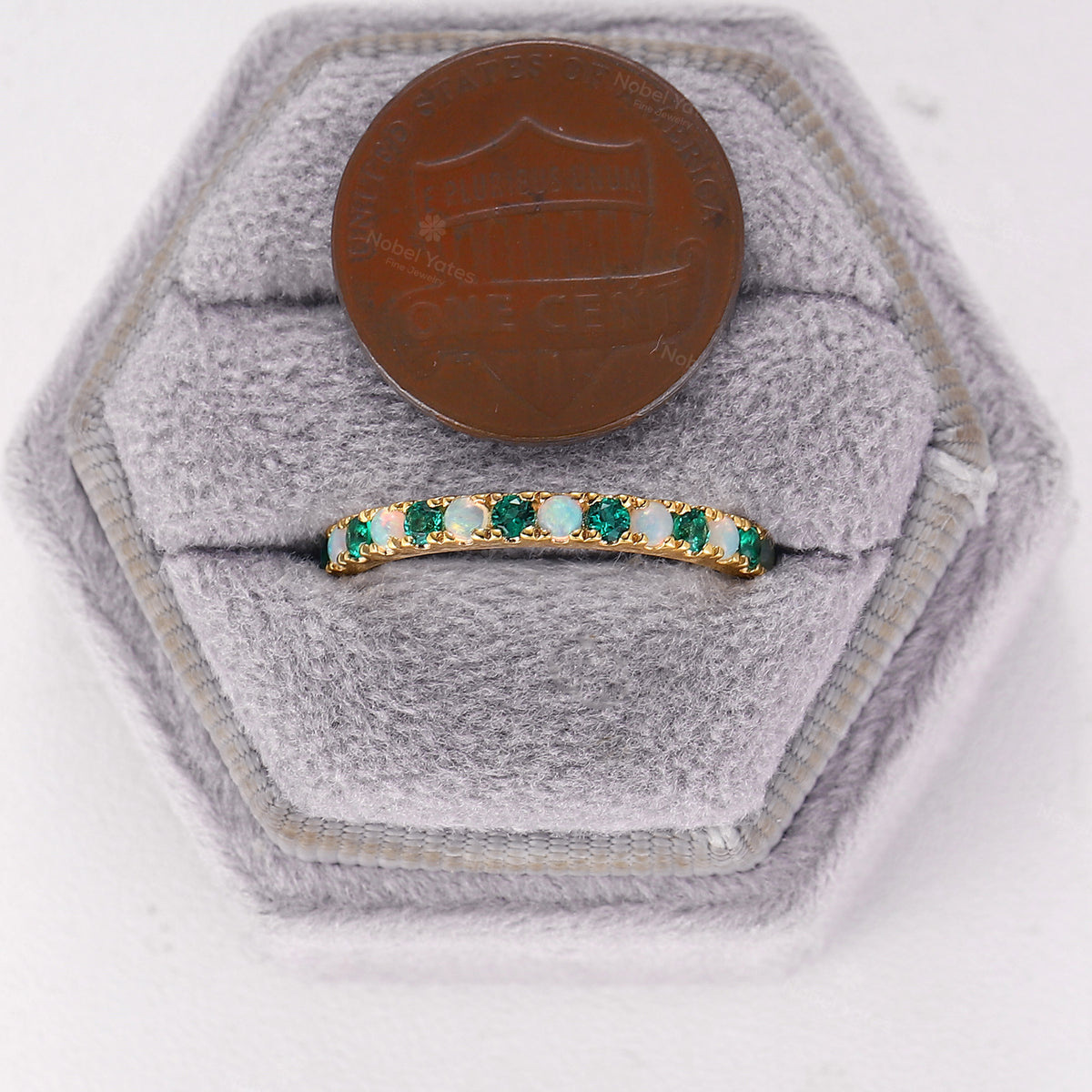 Lab Emerald & White Opal Pave Rose Gold Wedding Band Matching Band