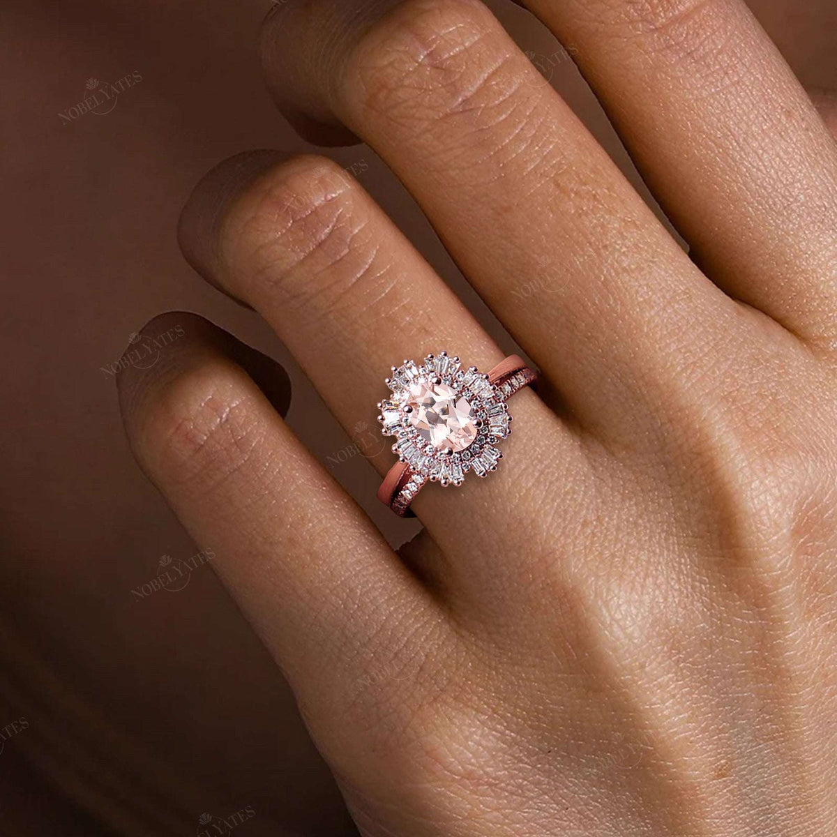 Starburst Art deco Oval Pink Morganite Bridal Sets-Nobel Yates