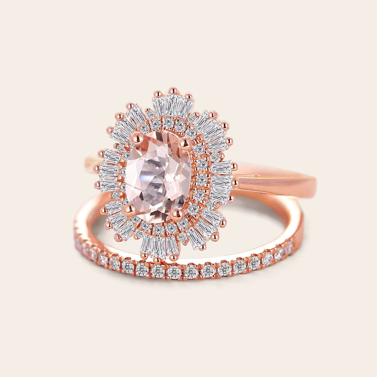Starburst Art deco Oval Pink Morganite Bridal Sets-Nobel Yates