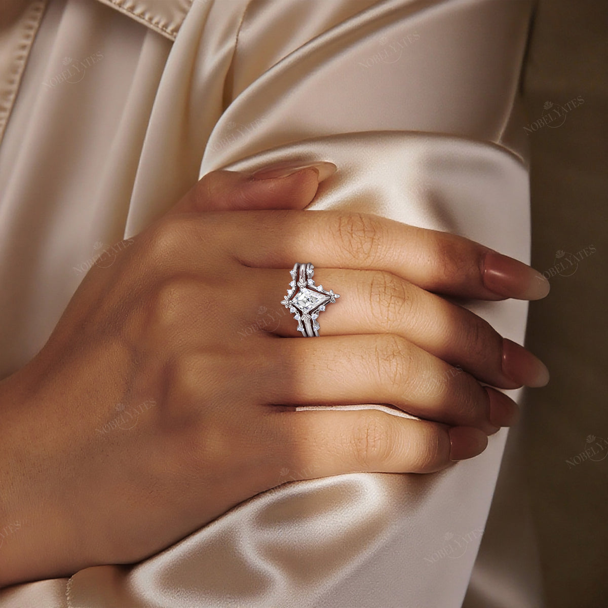 Half Rose Cut Kite Moissanite Art Deco Engagement Ring Sets 3pcs