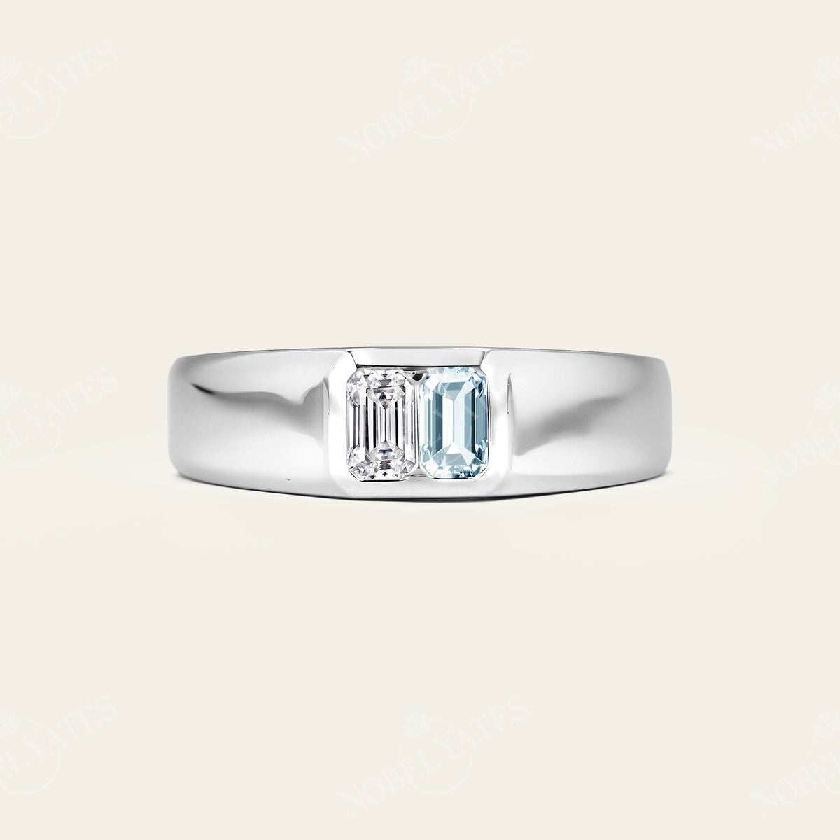 Emerald Cut Lab Diamond & Aquamarine Toi et Moi Men's Ring