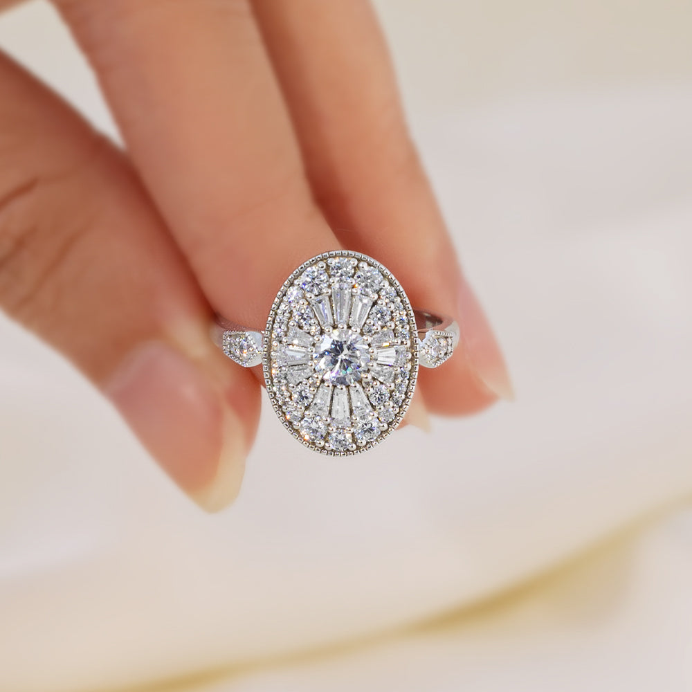 Art Deco Oval Shape Round Lab Diamond Halo Mosaic Engagement Ring